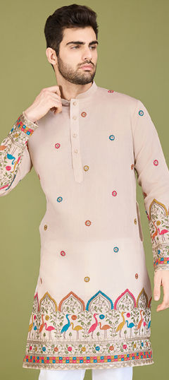 Beige and Brown color Kurta in Viscose fabric with Embroidered, Thread work