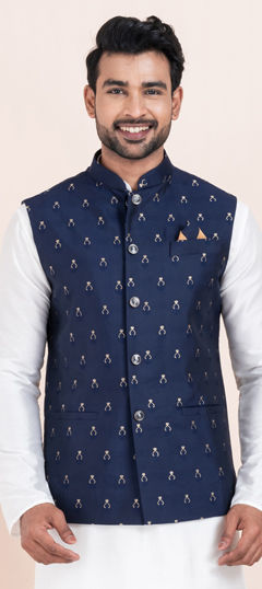 Blue color Nehru Jacket in Jacquard fabric with Thread work