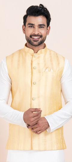 Gold color Nehru Jacket in Jacquard fabric with Weaving work