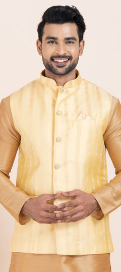 Gold color Nehru Jacket in Jacquard fabric with Weaving work