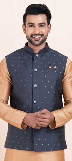 Blue color Nehru Jacket in Jacquard fabric with Weaving work