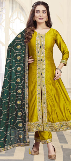 Gold color Salwar Kameez in Silk fabric with Embroidered, Sequence, Thread, Zari work