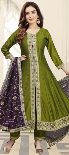 Green color Salwar Kameez in Silk fabric with Embroidered, Sequence, Thread, Zari work