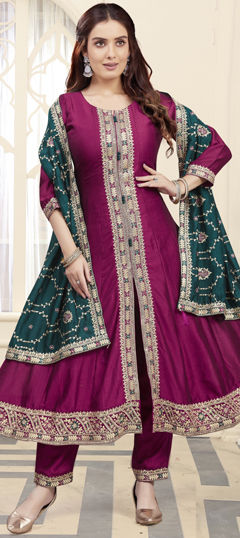 Pink and Majenta color Salwar Kameez in Silk fabric with Embroidered, Sequence, Thread, Zari work