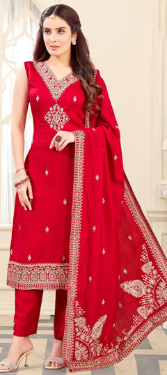 Red and Maroon color Salwar Kameez in Silk fabric with Embroidered, Sequence, Thread, Zari work