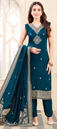 Blue color Salwar Kameez in Silk fabric with Embroidered, Sequence, Thread, Zari work