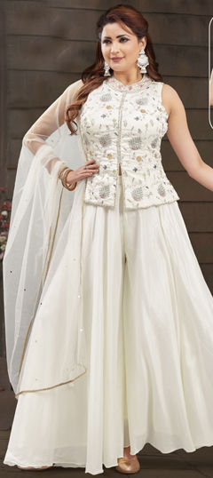 White and Off White color Salwar Kameez in Georgette fabric with Embroidered, Sequence, Stone, Thread work