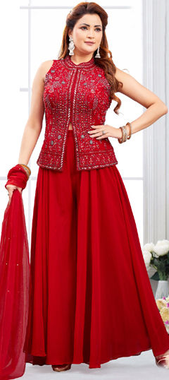 Red and Maroon color Salwar Kameez in Georgette fabric with Embroidered, Sequence, Thread work