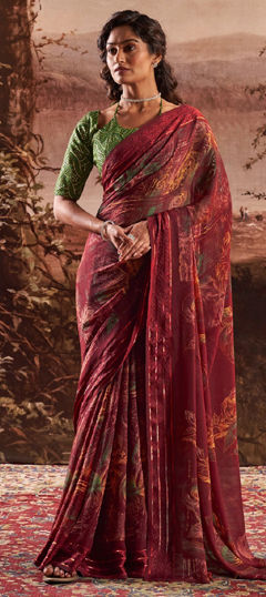 Red and Maroon color Saree in Faux Georgette fabric with Printed work