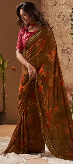 Beige and Brown color Saree in Faux Georgette fabric with Printed work