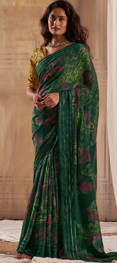 Green color Saree in Faux Georgette fabric with Printed work