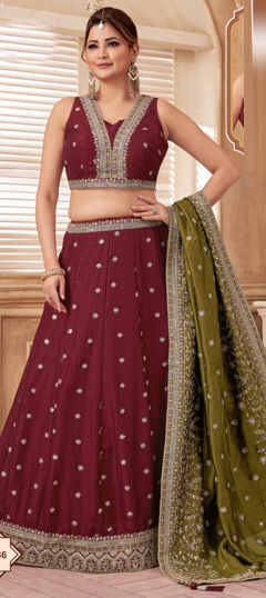 Red and Maroon color Ready to Wear Lehenga in Silk fabric with Embroidered, Sequence, Thread, Zari work