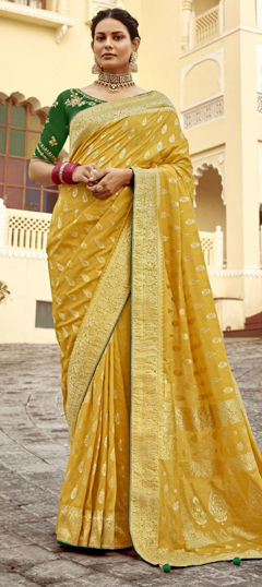 Yellow color Saree in Silk fabric with Weaving, Zari work