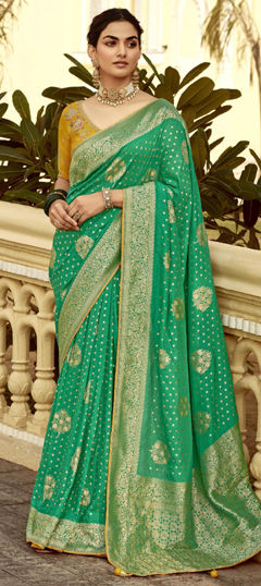 Green color Saree in Silk fabric with Weaving, Zari work