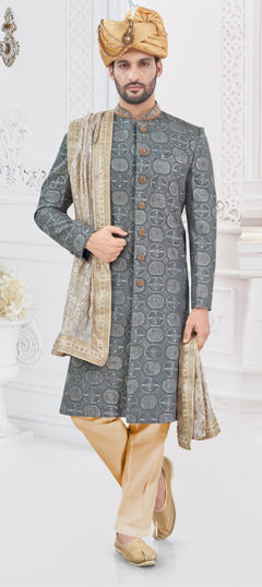 Black and Grey color Sherwani in Viscose fabric with Bugle Beads, Embroidered, Sequence, Zardozi work