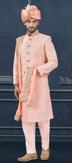 Pink and Majenta color Sherwani in Silk fabric with Bugle Beads, Cut Dana, Embroidered, Stone, Thread work