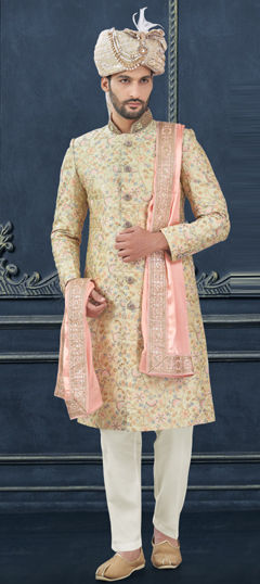 Green color Sherwani in Silk fabric with Bugle Beads, Cut Dana, Embroidered, Thread work