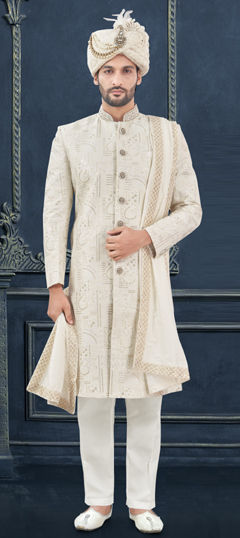 White and Off White color Sherwani in Silk fabric with Bugle Beads, Embroidered, Stone, Thread work