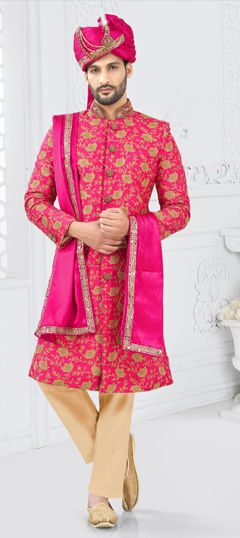 Red and Maroon color Sherwani in Silk fabric with Bugle Beads, Embroidered, Thread, Zardozi work