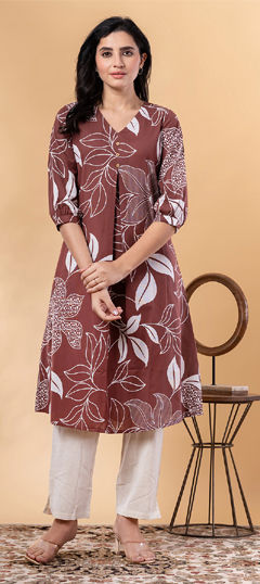 Beige and Brown color Salwar Kameez in Cotton fabric with Printed work