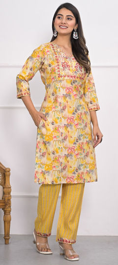 Yellow color Salwar Kameez in Chanderi Silk fabric with Embroidered, Printed, Thread work