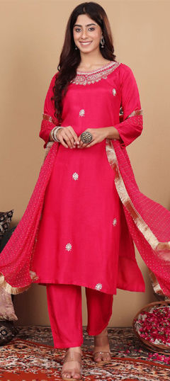 Pink and Majenta color Salwar Kameez in Silk fabric with Embroidered work