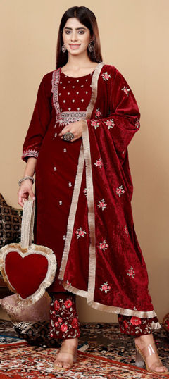 Red and Maroon color Salwar Kameez in Blended fabric with Embroidered, Printed, Thread work