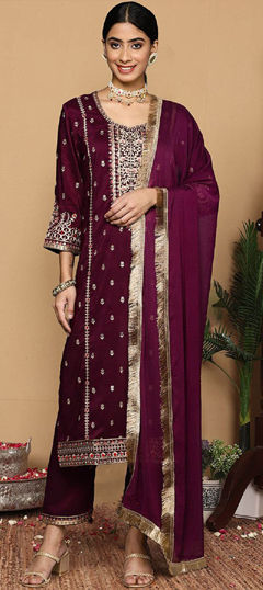 Purple and Violet color Salwar Kameez in Blended fabric with Embroidered, Sequence, Thread work