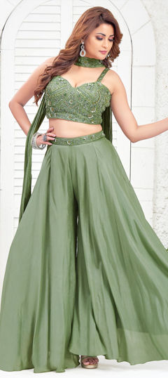 Green color Salwar Kameez in Georgette, Silk fabric with Bugle Beads, Cut Dana, Thread work