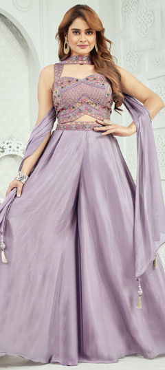Purple and Violet color Salwar Kameez in Georgette, Silk fabric with Embroidered, Resham, Thread work