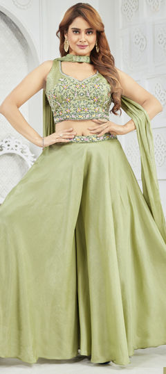 Green color Salwar Kameez in Georgette, Silk fabric with Embroidered, Resham, Stone, Thread work