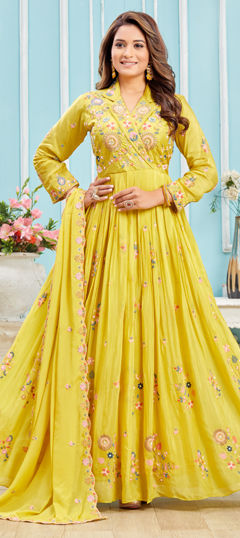 Yellow color Gown in Georgette fabric with Bugle Beads, Embroidered, Resham, Thread, Zardozi work