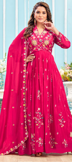 Pink and Majenta color Gown in Georgette fabric with Bugle Beads, Embroidered, Resham, Thread, Zardozi work