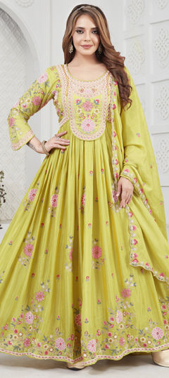 Yellow color Gown in Georgette fabric with Embroidered, Resham, Sequence, Thread work