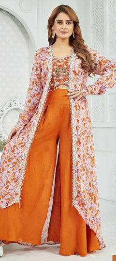 Orange color Salwar Kameez in Georgette fabric with Embroidered, Mirror, Printed, Resham, Thread work