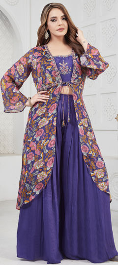 Blue color Salwar Kameez in Georgette fabric with Printed, Sequence, Thread, Zardozi work