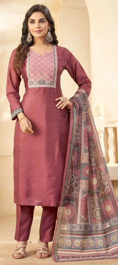 Red and Maroon color Salwar Kameez in Jacquard fabric with Printed, Thread work
