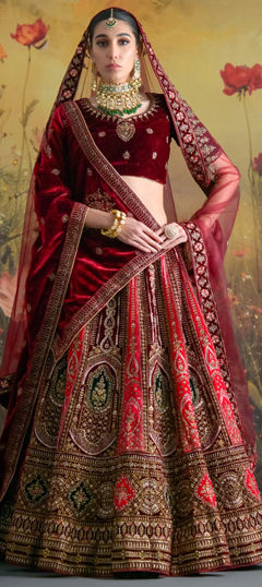 Green, Red and Maroon color Lehenga in Velvet fabric with Embroidered, Resham, Stone, Thread, Zari work