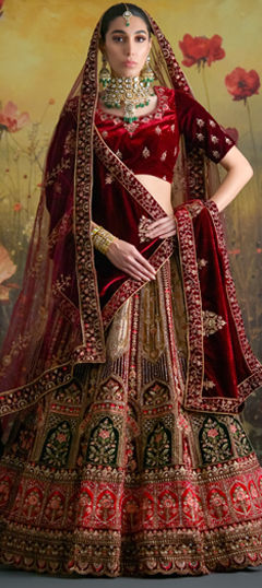 Beige and Brown, Red and Maroon color Lehenga in Velvet fabric with Embroidered, Resham, Stone, Thread, Zari work