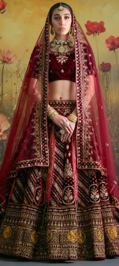 Red and Maroon color Lehenga in Velvet fabric with Embroidered, Resham, Stone, Thread, Zari work