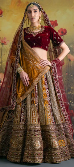 Red and Maroon, Yellow color Lehenga in Velvet fabric with Embroidered, Resham, Stone, Thread, Zari work