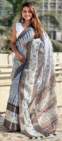 Black and Grey color Saree in Chanderi Silk fabric with Printed, Weaving, Zari work