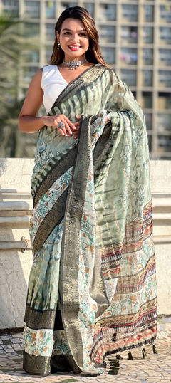 Green color Saree in Chanderi Silk fabric with Printed, Weaving, Zari work