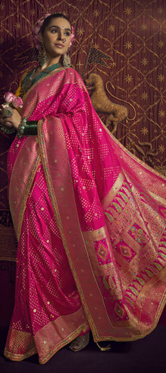 Pink and Majenta color Saree in Silk fabric with Mirror, Sequence, Thread, Weaving, Zari work