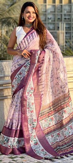 Purple and Violet color Saree in Chanderi Silk fabric with Printed, Weaving, Zari work