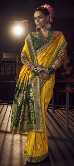 Yellow color Saree in Silk fabric with Cut Dana, Embroidered, Lace, Thread, Weaving, Zari work