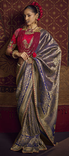 Blue color Saree in Silk fabric with Cut Dana, Embroidered, Lace, Thread, Weaving, Zari work