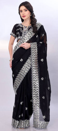 Black and Grey color Saree in Tussar Silk fabric with Sequence work