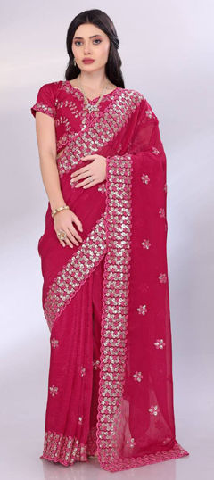 Red and Maroon color Saree in Tussar Silk fabric with Sequence work