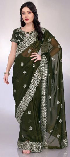 Green color Saree in Tussar Silk fabric with Sequence work